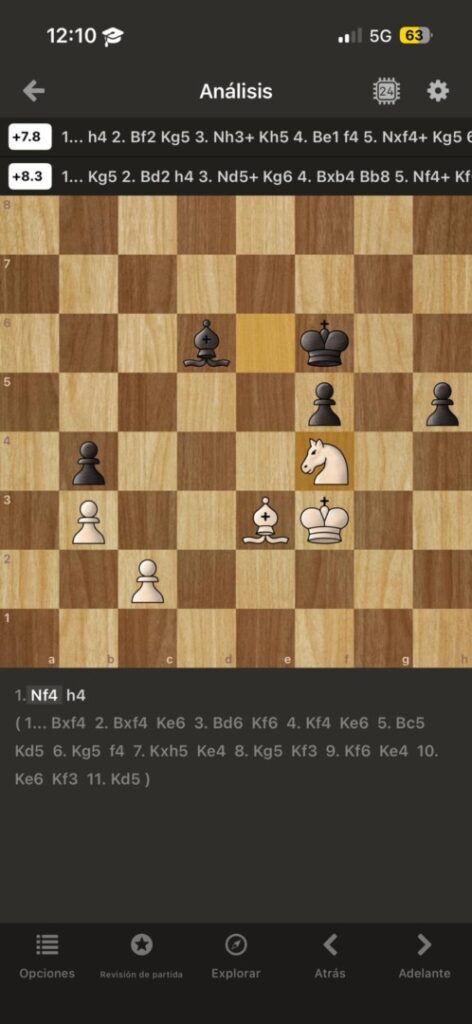 Chess position from analysis mode: White pieces cluster around the center (knight near f4, bishop on e3, king on g3) with pawns on b3 and c2; Black king on f5, bishop on d6, and pawns scattered on a4, b4, and h5. A mid‑game tactical setup shown on a wooden chessboard.